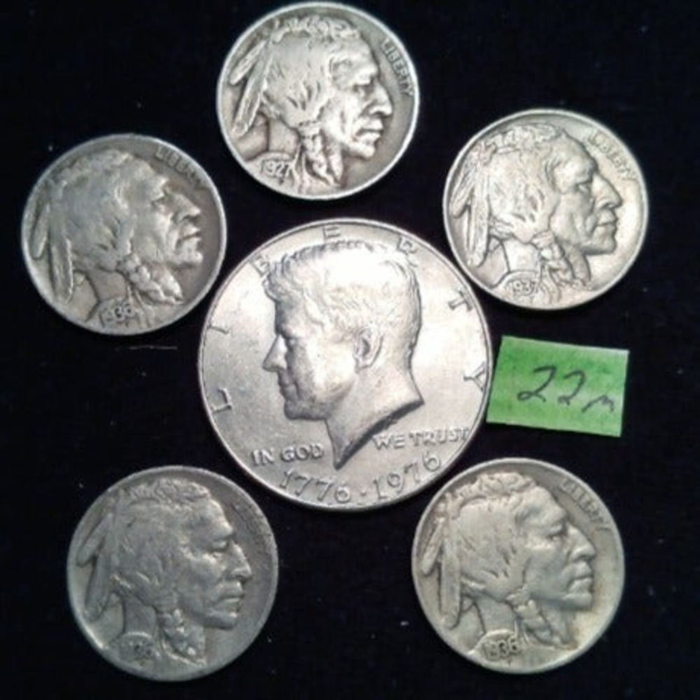 5 Buffalo Nickels & 1 Bicentennial Kennedy Half Dollar